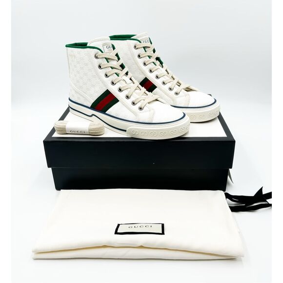 Gucci GG Tennis 1977 Canvas Web Stripe Hightop Sneakers 38, 8 - Picture 1 of 12